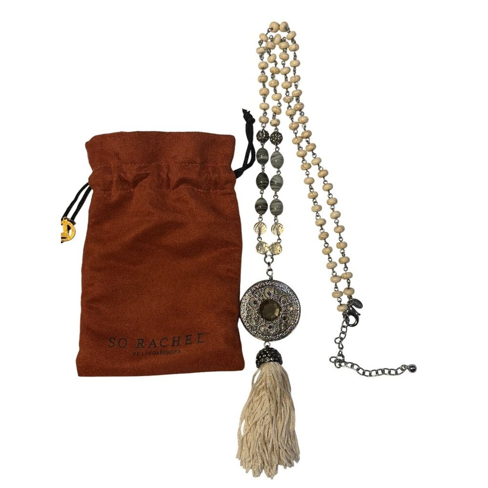 NEW Longaberger SO Rachel Tassel Necklace Cream Stone Beads Pendant Pouch 22"